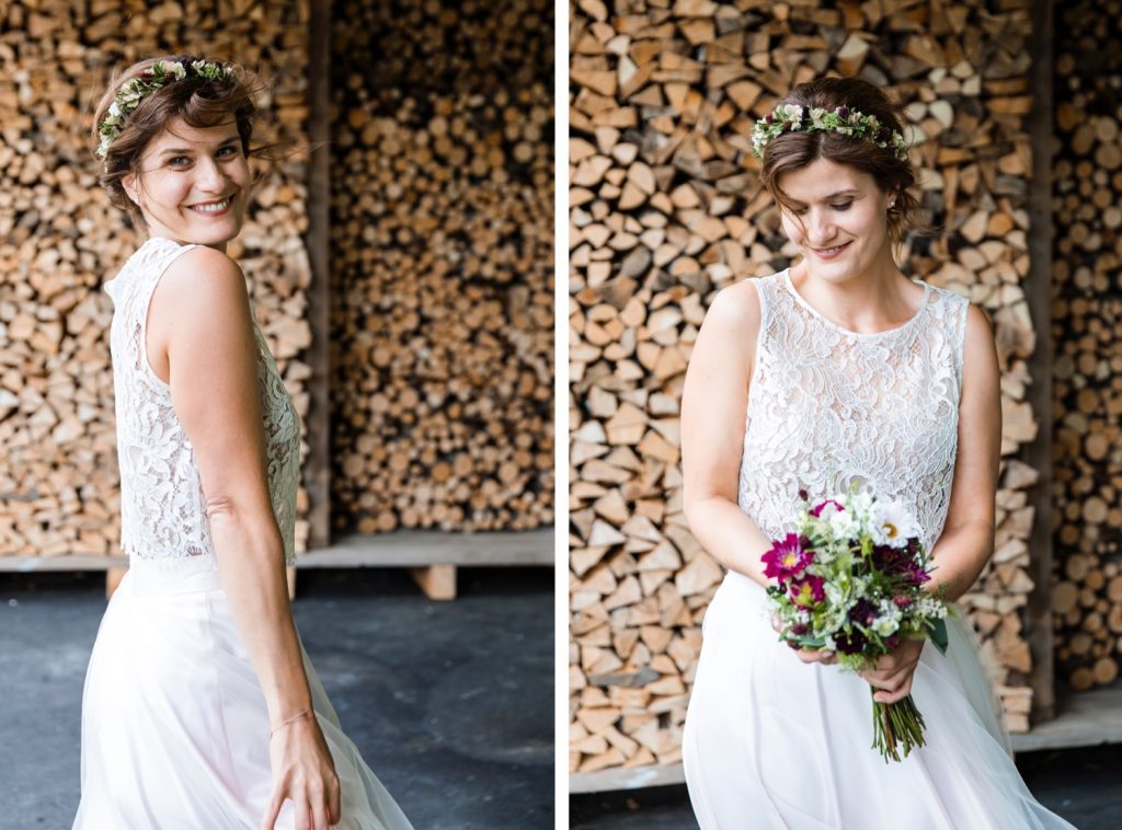 Braut mit Blumenkranz im Haar, Brautstrauss von Andrea Nussbaumer, Hochzeit in Langen bei Bregenz, Hochzeit am Gebhardsberg