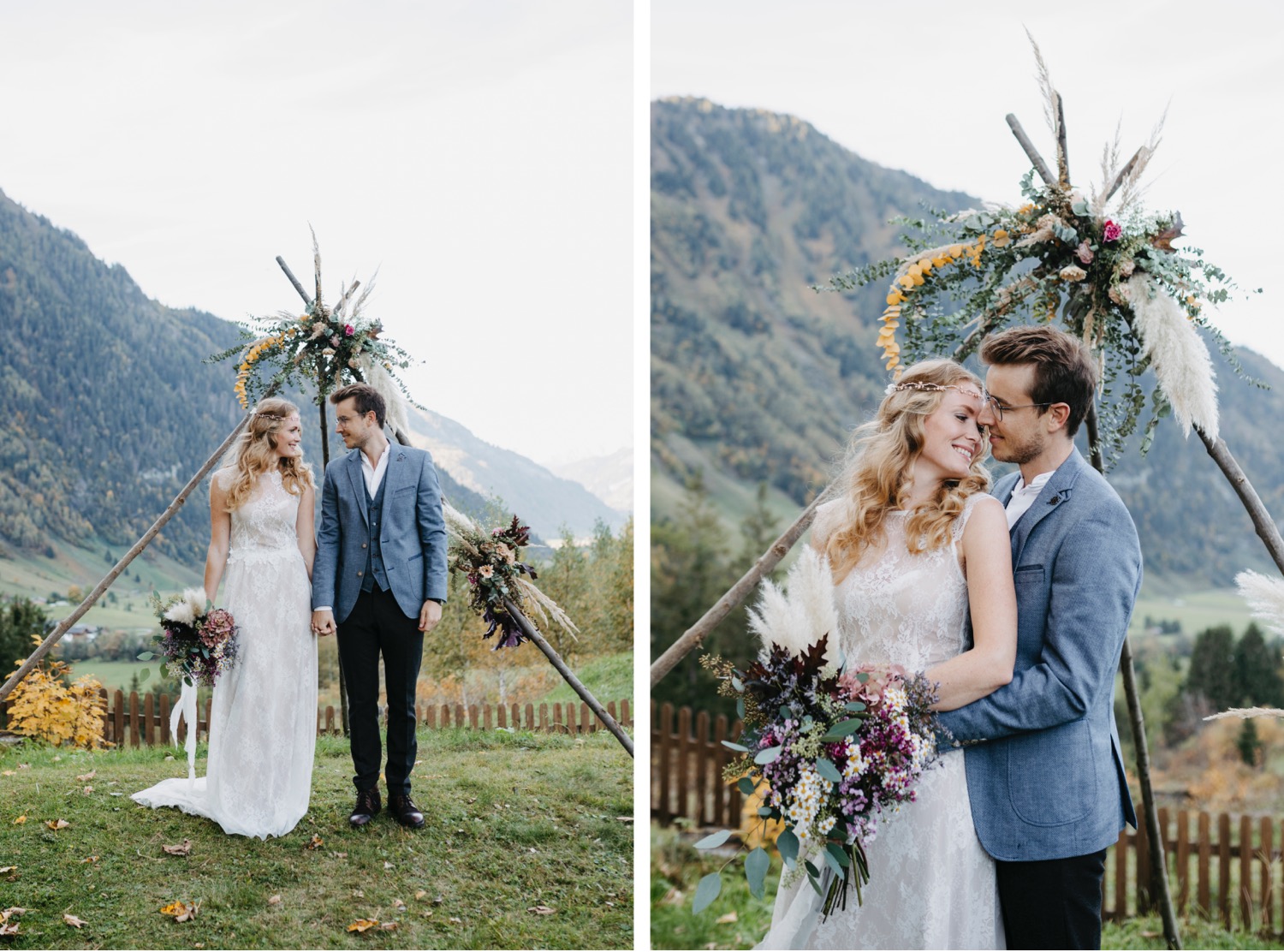 Brautpaar vor Boho Trauungsbogen, Hochzeit in den Bergen